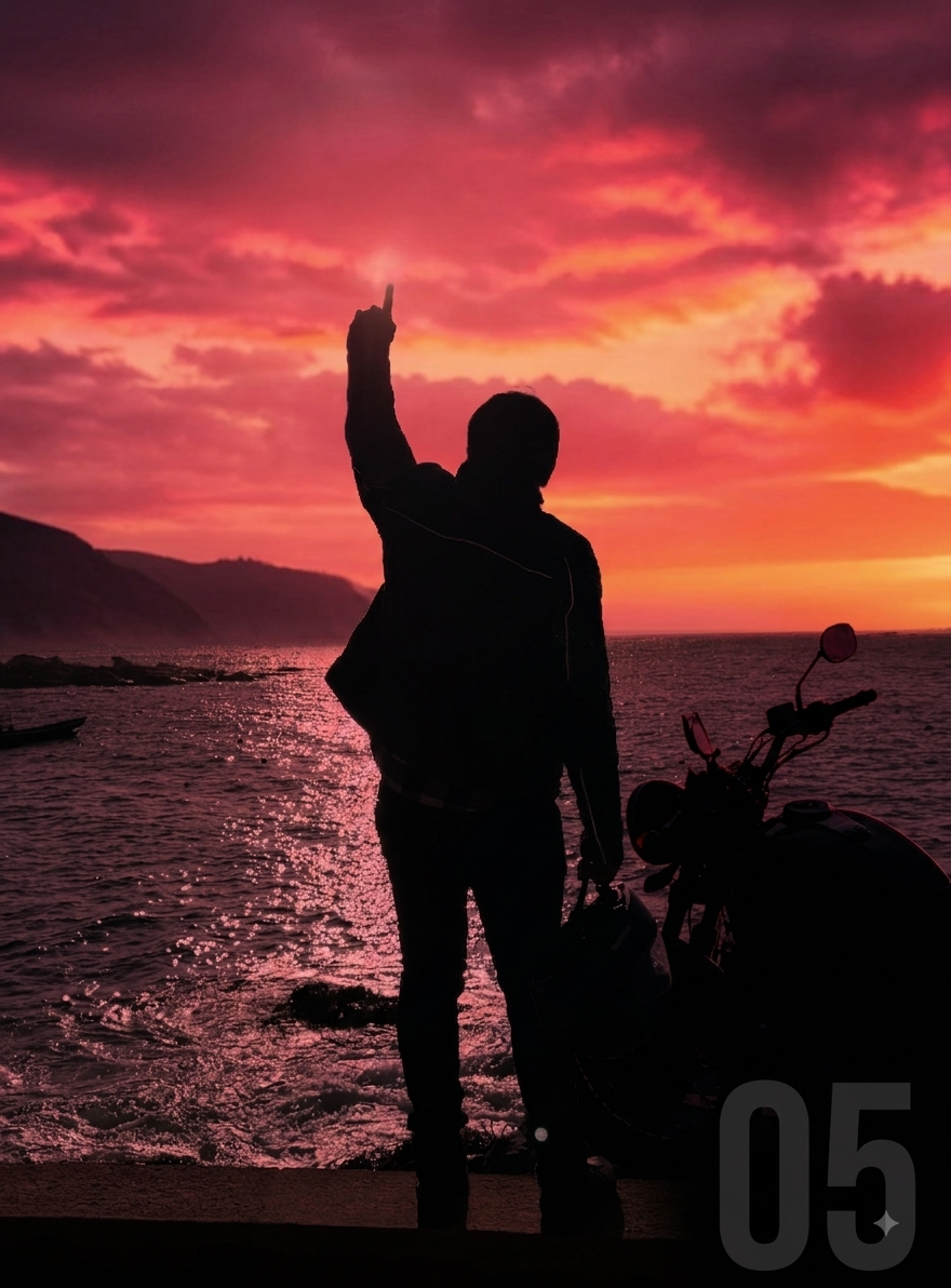 Motociclista al atardecer, portada de Eventos