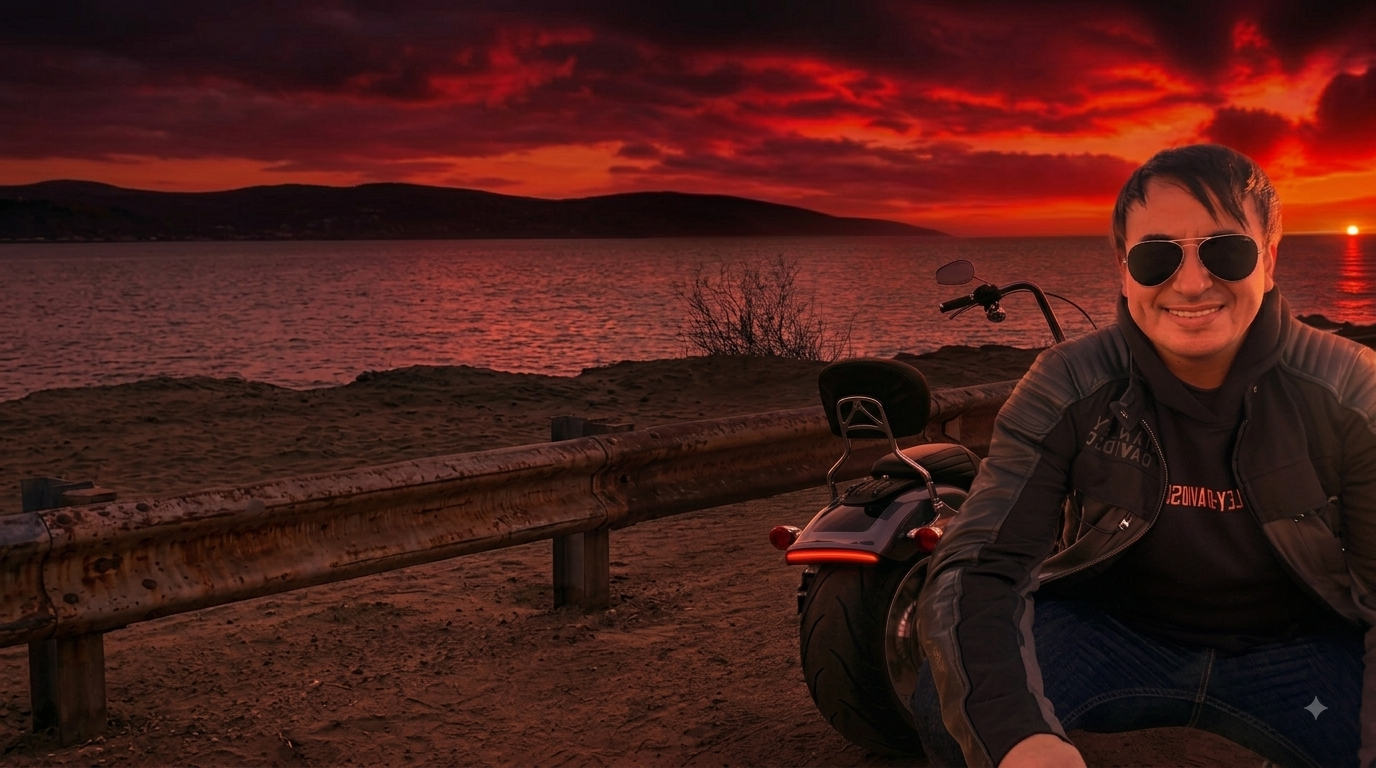 Don Moto junto a su motocicleta frente al mar al atardecer